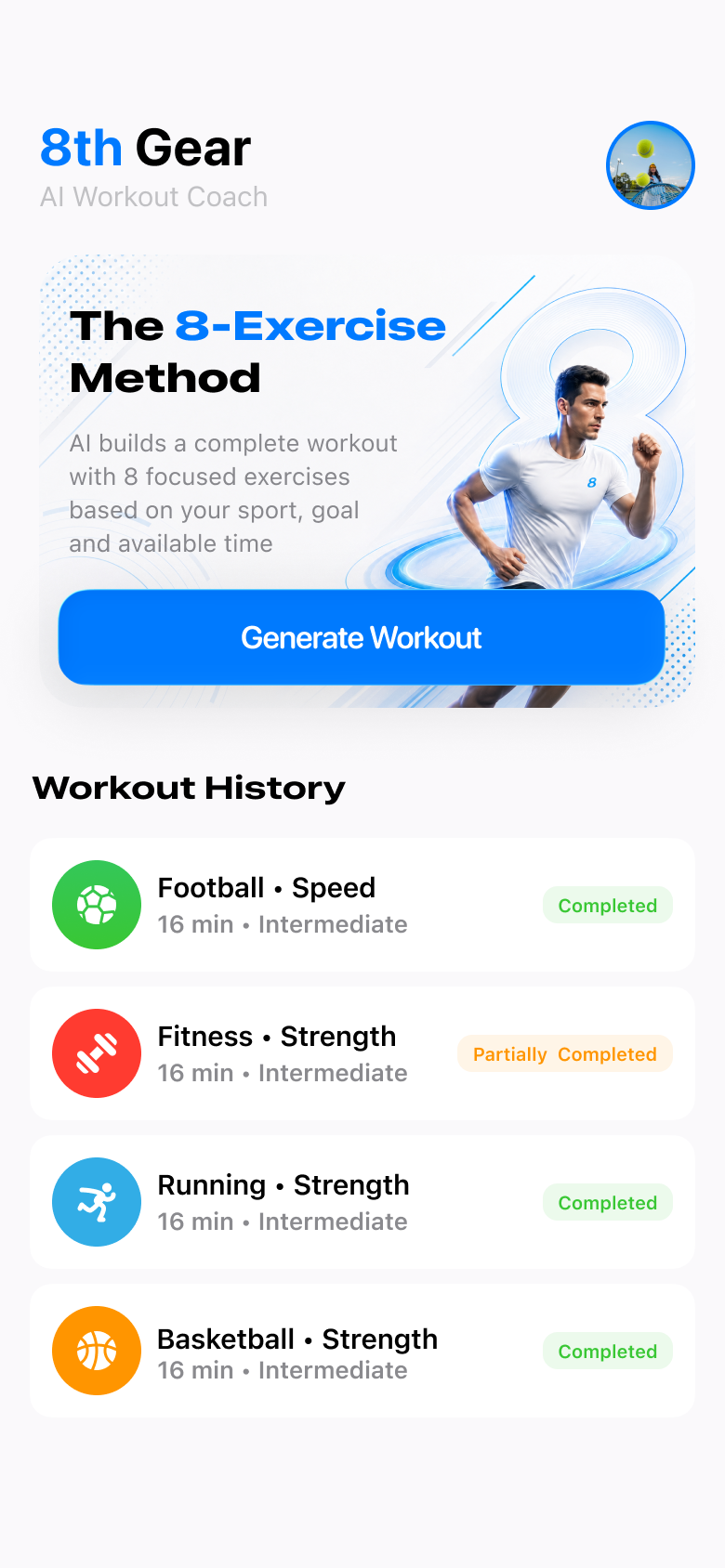 8xGear home with Generate Workout and history