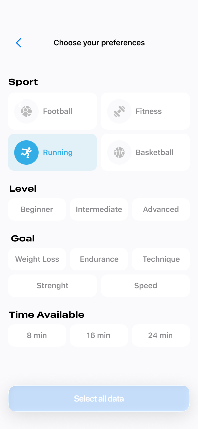 Sport, level, goal, and time preferences