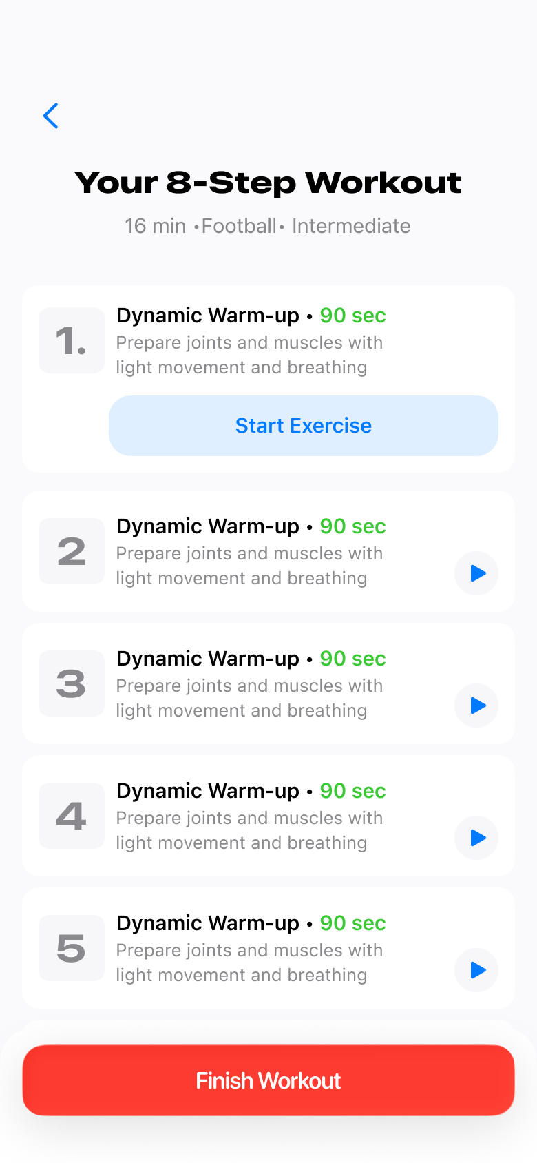 Eight-step workout list with timed exercises