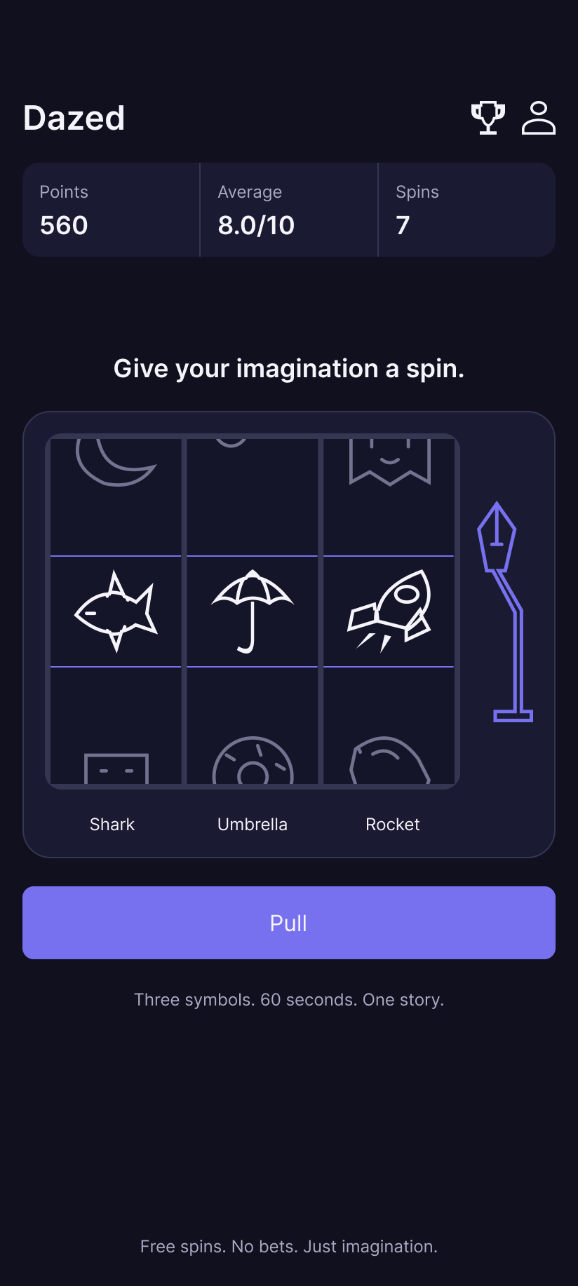 DAZED spin screen with shark, umbrella and rocket symbols